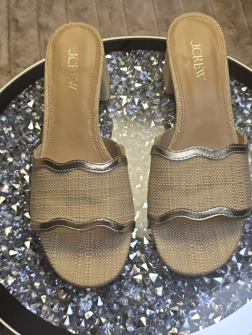 J.Crew Raffia Gold Metallic Wavy Trim Scalloped Block Heel Mules Sz 7.5